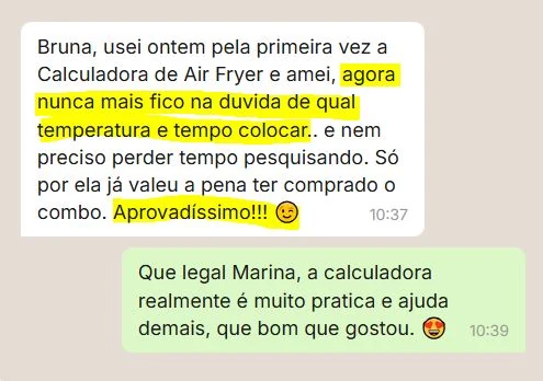Mensagem de cliente elogiando a Calculadora Air Fryer e a facilidade para consultar tempo e temperatura