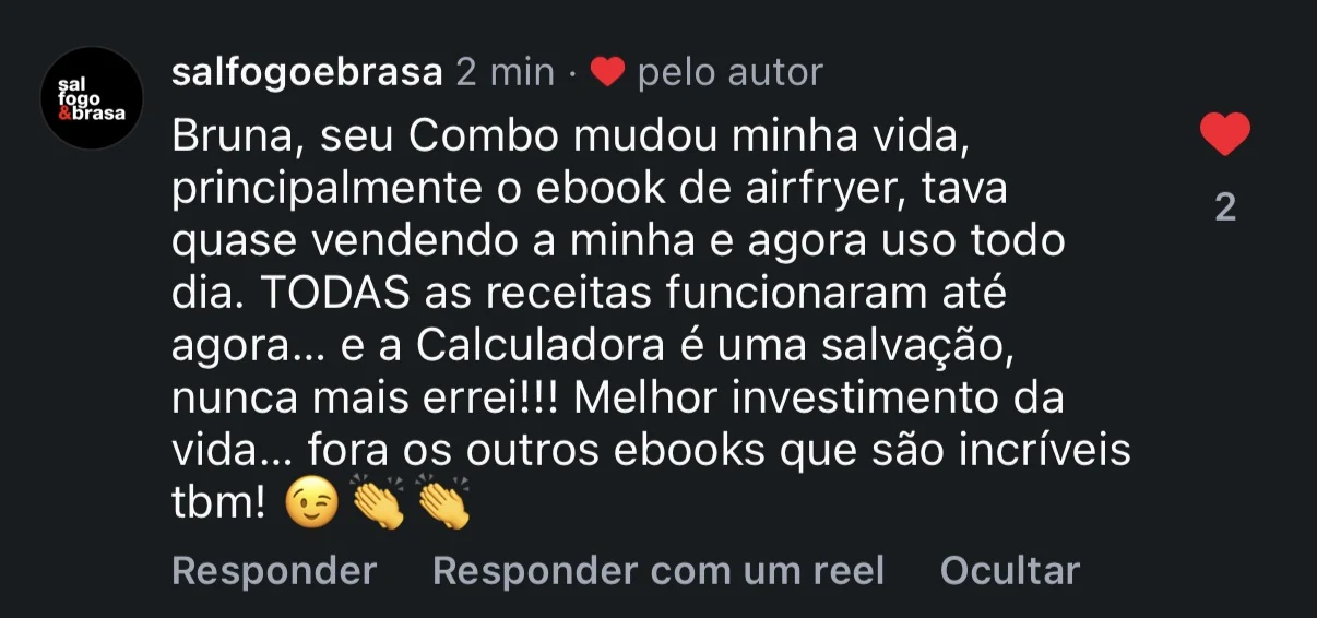 Comentário no Instagram de cliente elogiando os eBooks do Combo e a Calculadora Air Fryer